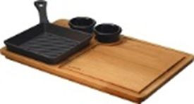 Сковорода для мини гриля, квадратная на деревянном подносе 16x16cm. (набор не включает соусники)